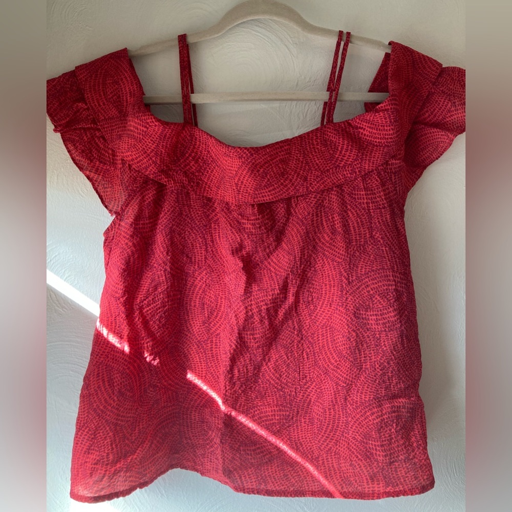 Anthropologie Maeve Off-the-Shoulder Top, Lace-Up back Accent, Red/Purple